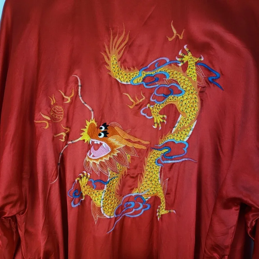 Vintage Pearls Red Silk Dragon Embroidered Long Robe Unisex Medium